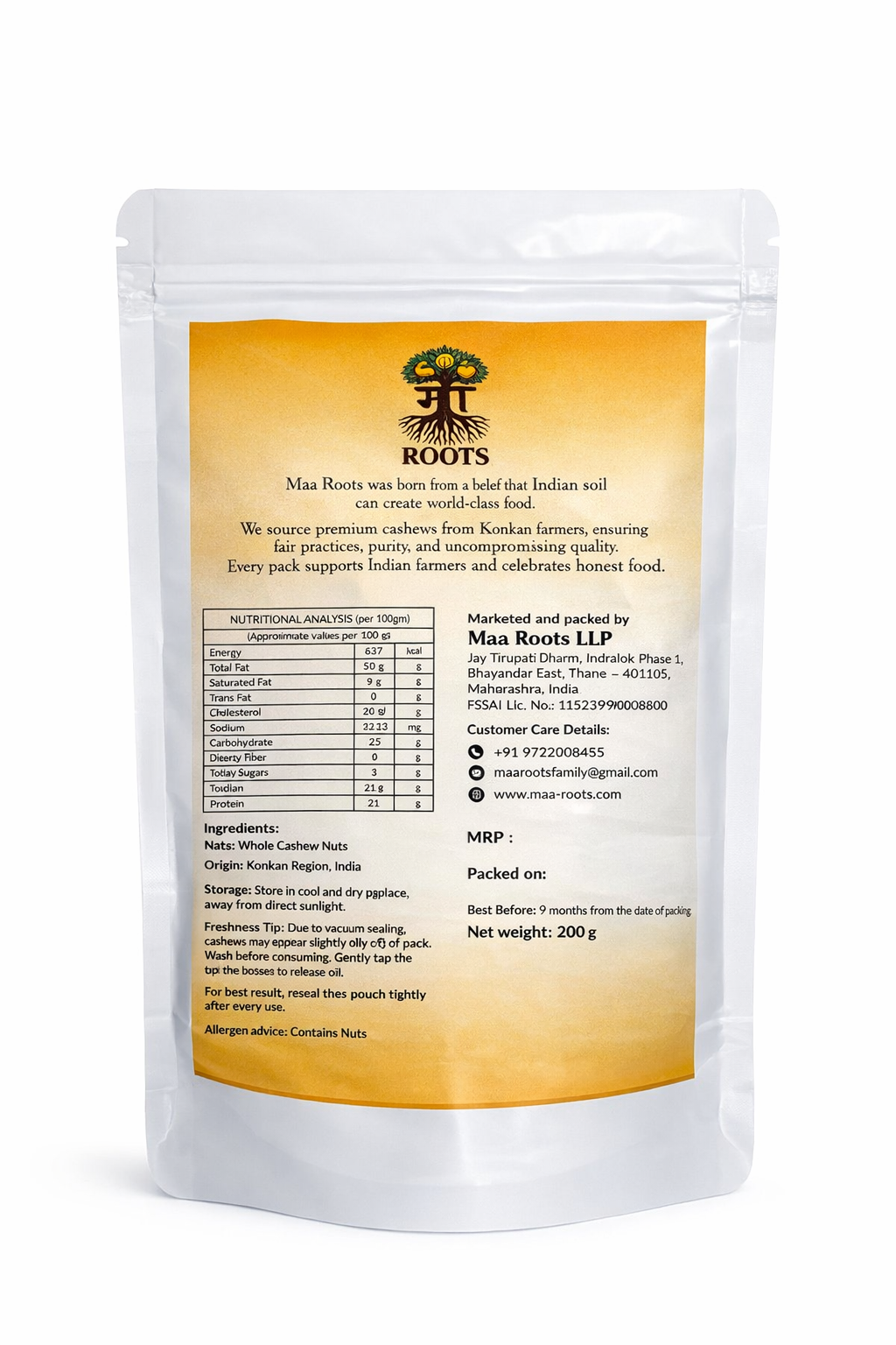 Maa Roots W180 Cashew Nuts 200g | Extra Large Premium Whole Cashew