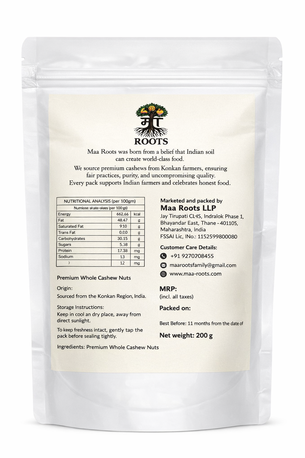 Maa Roots W320 Cashew Nuts 200g | Premium Whole Unroasted Cashew |