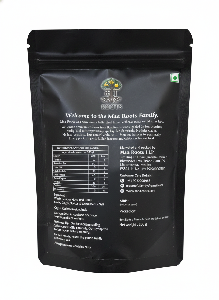 Maa Roots Chilli Garlic Cashews 200g | Spicy Garlic Flavoured Konkan Cashews