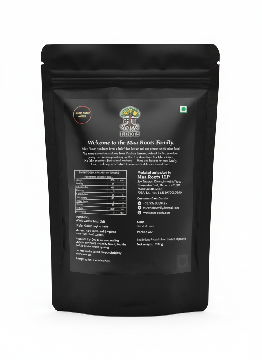 Maa Roots Salted Cashews 200g | Lightly Salted Konkan Cashews
