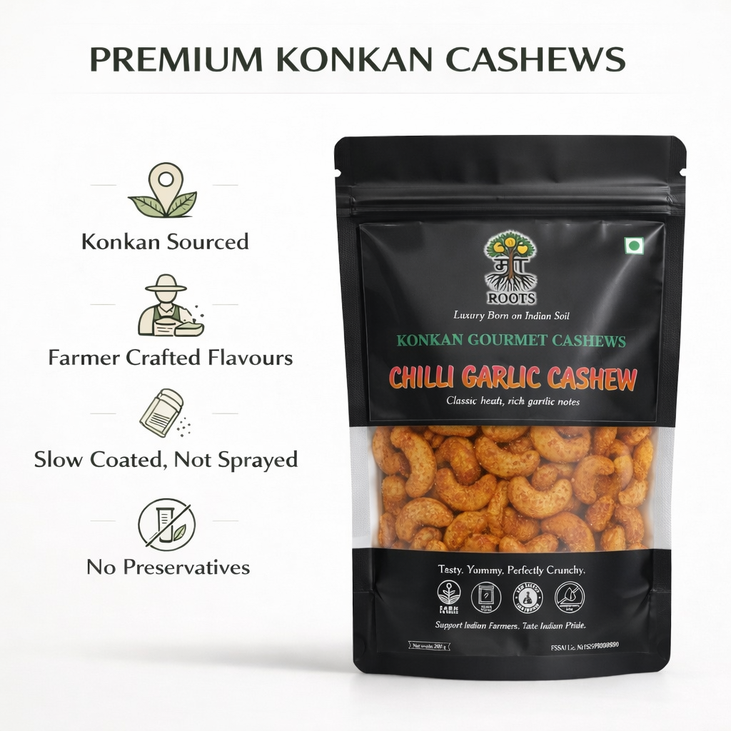 Maa Roots Chilli Garlic Cashews 200g | Spicy Garlic Flavoured Konkan Cashews