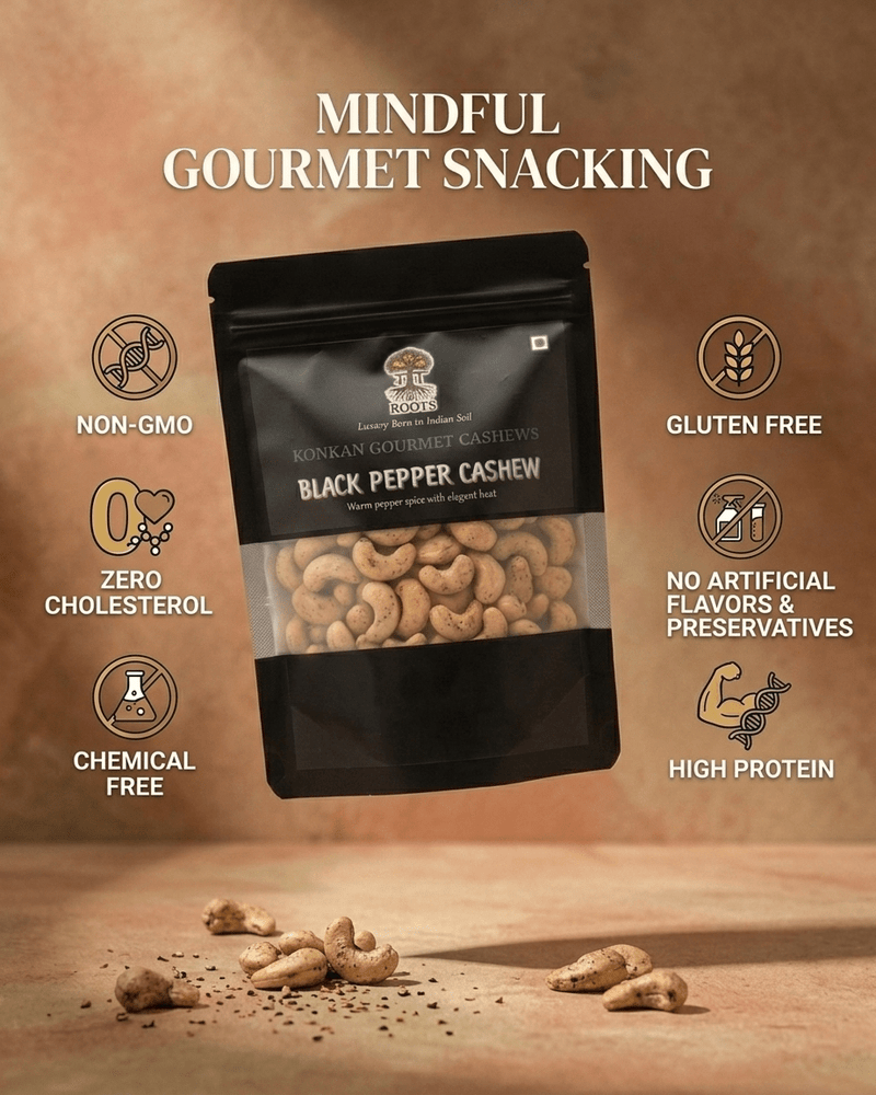 Maa Roots Black Pepper Flavoured Konkan Cashews | Bold & Aromatic Snack Cashews - Maa Roots
