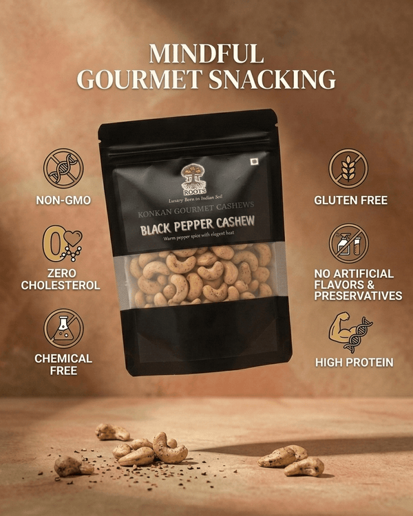 Maa Roots Black Pepper Flavoured Konkan Cashews | Bold & Aromatic Snack Cashews