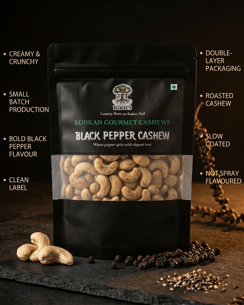 Maa Roots Black Pepper Flavoured Konkan Cashews | Bold & Aromatic Snack Cashews - Maa Roots
