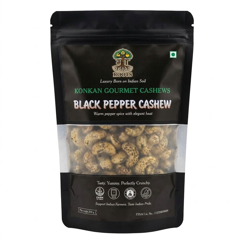 Maa Roots Black Pepper Flavoured Konkan Cashews | Bold & Aromatic Snack Cashews