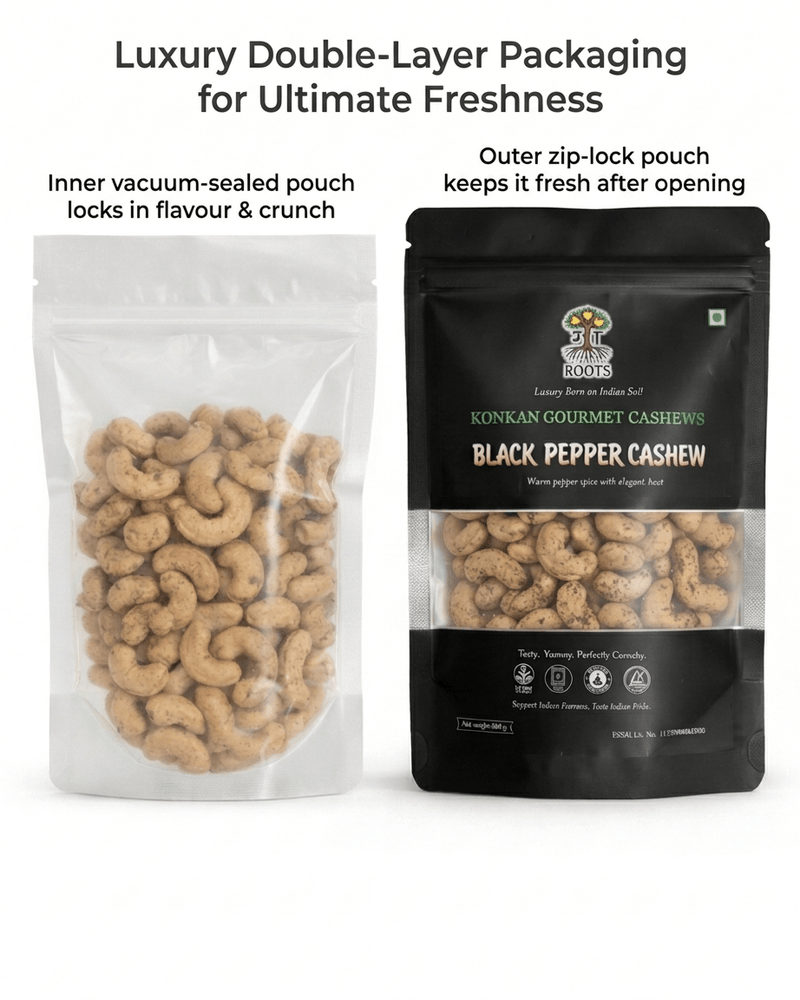 Maa Roots Black Pepper Flavoured Konkan Cashews | Bold & Aromatic Snack Cashews - Maa Roots