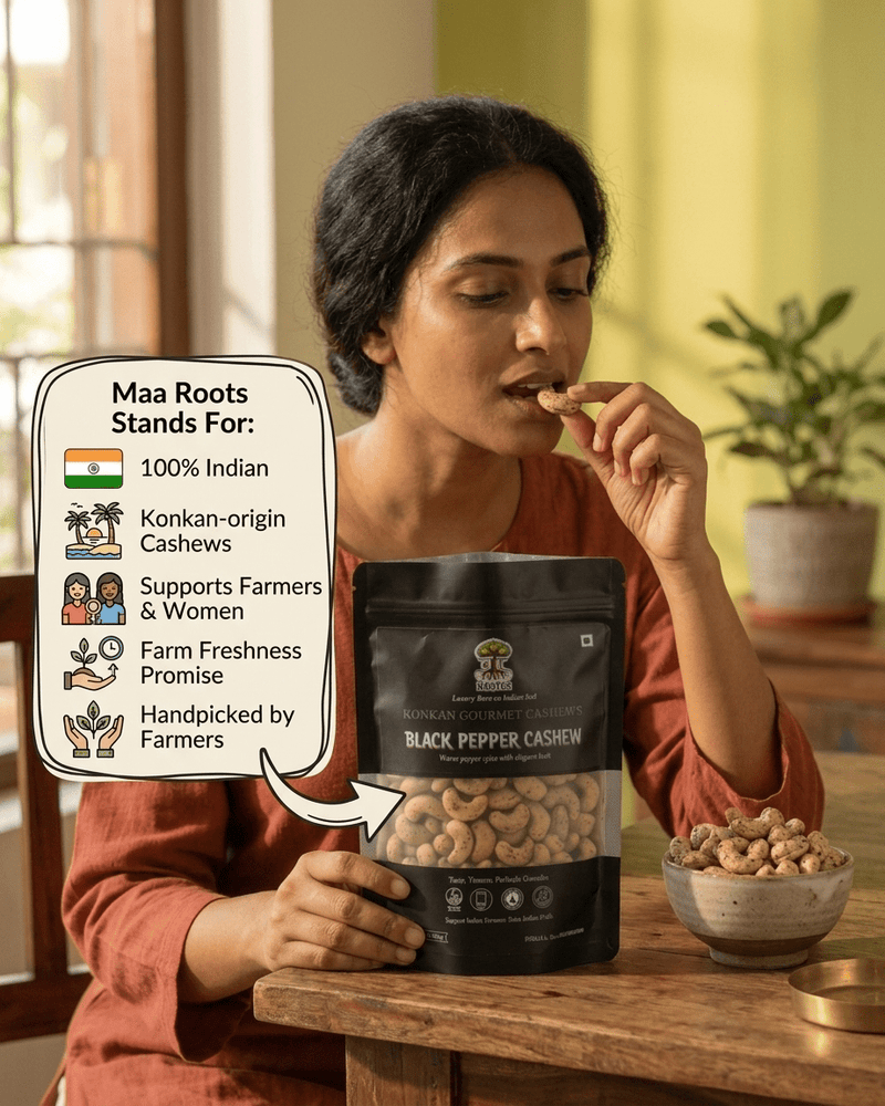 Maa Roots Black Pepper Flavoured Konkan Cashews | Bold & Aromatic Snack Cashews - Maa Roots