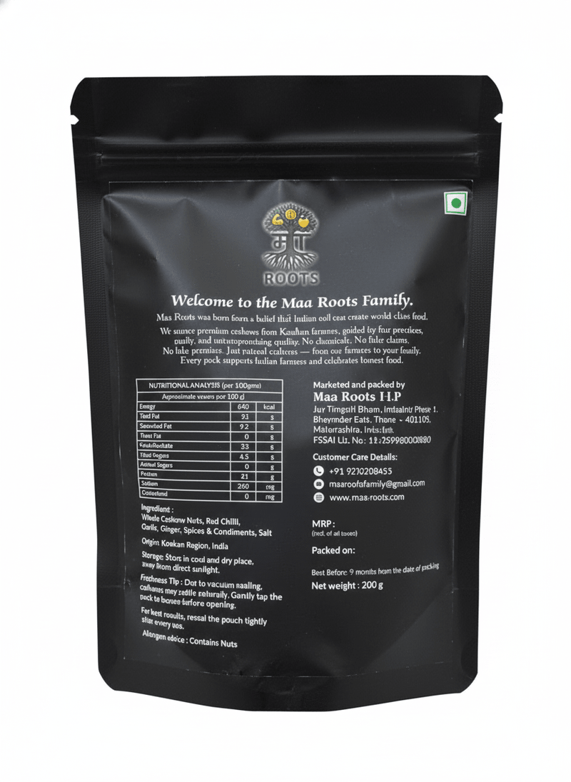 Maa Roots Chilli Garlic Spicy Flavoured Konkan Cashews 200g | Premium Whole Bold & Savoury Cashews - Maa Roots