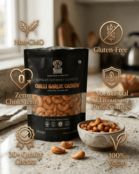 Maa Roots Chilli Garlic Spicy Flavoured Konkan Cashews 200g | Premium Whole Bold & Savoury Cashews - Maa Roots