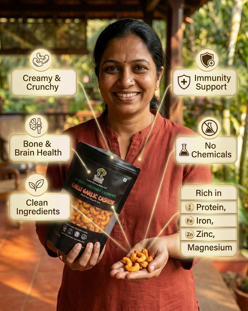 Maa Roots Chilli Garlic Spicy Flavoured Konkan Cashews 200g | Premium Whole Bold & Savoury Cashews - Maa Roots