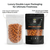 Maa Roots Chilli Garlic Spicy Flavoured Konkan Cashews 200g | Premium Whole Bold & Savoury Cashews - Maa Roots