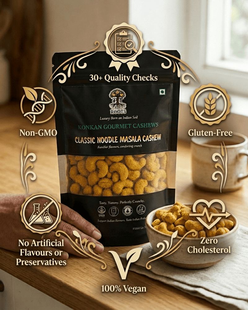 Maa Roots Classic Noodle Masala Flavoured Konkan Cashew Nuts | Spicy, Savoury Crunchy Cashews - Maa Roots