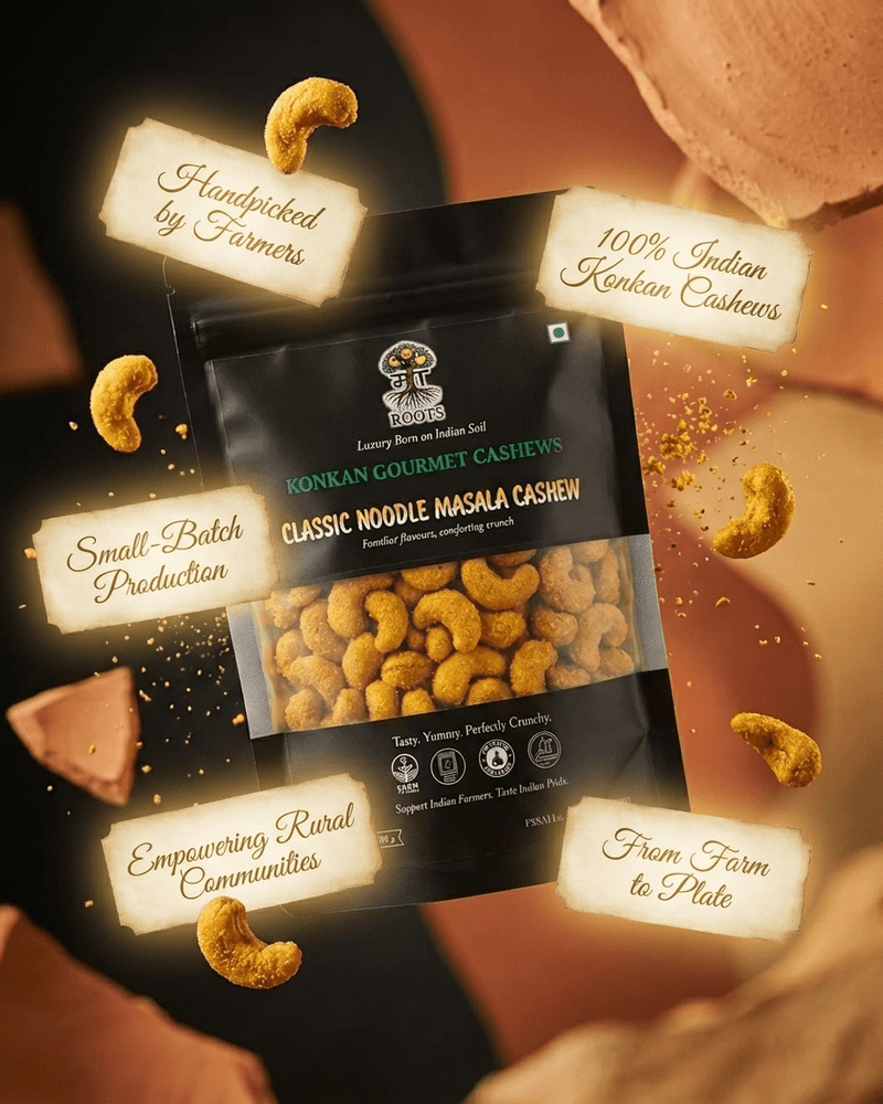 Maa Roots Classic Noodle Masala Flavoured Konkan Cashew Nuts | Spicy, Savoury Crunchy Cashews - Maa Roots