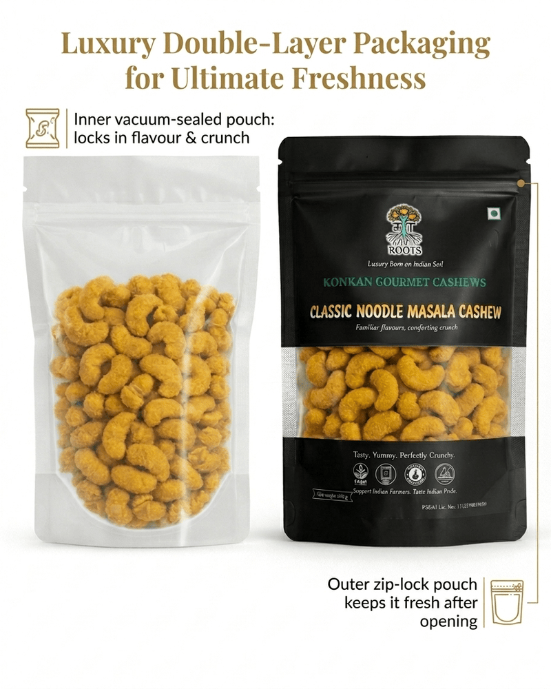 Maa Roots Classic Noodle Masala Flavoured Konkan Cashew Nuts | Spicy, Savoury Crunchy Cashews - Maa Roots