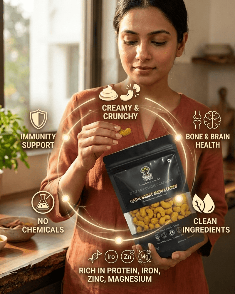 Maa Roots Classic Noodle Masala Flavoured Konkan Cashew Nuts | Spicy, Savoury Crunchy Cashews - Maa Roots