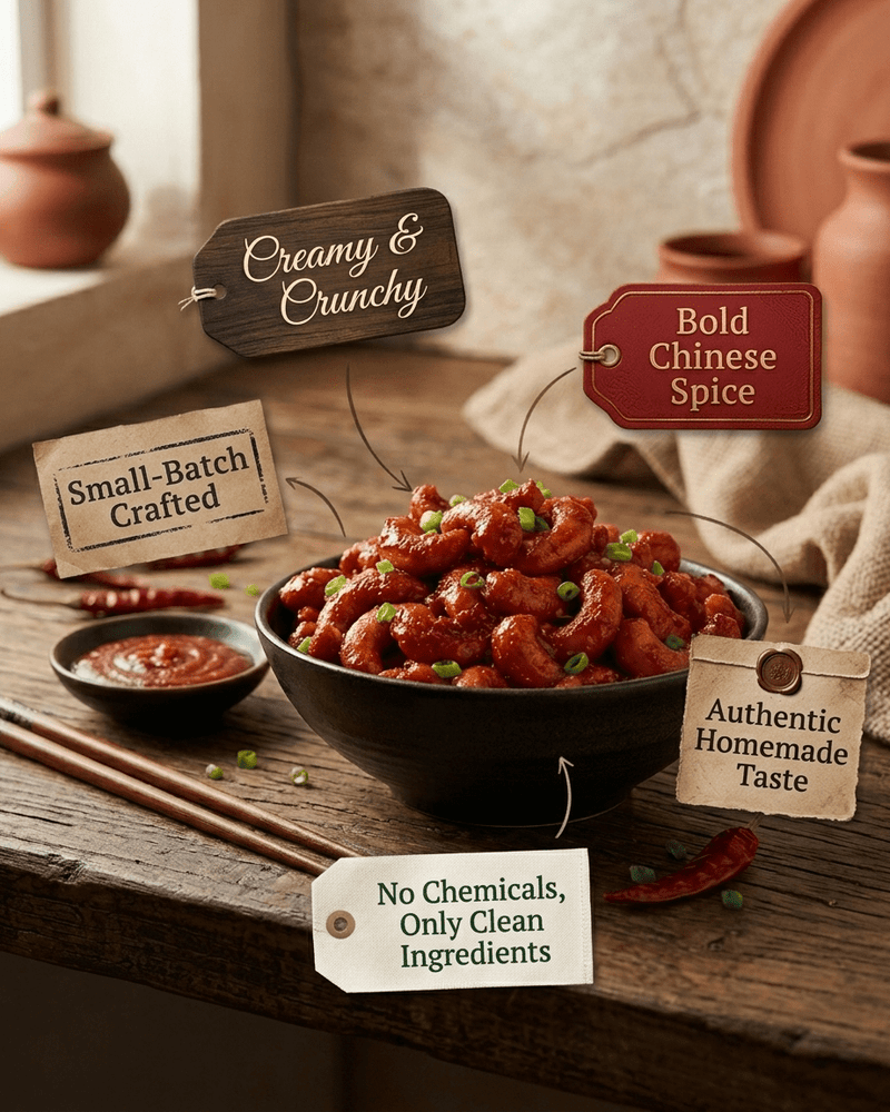 Maa Roots Desi Chinese Cashews 200g | Schezwan Style Indo - Chinese Flavoured Konkan Cashews - Maa Roots