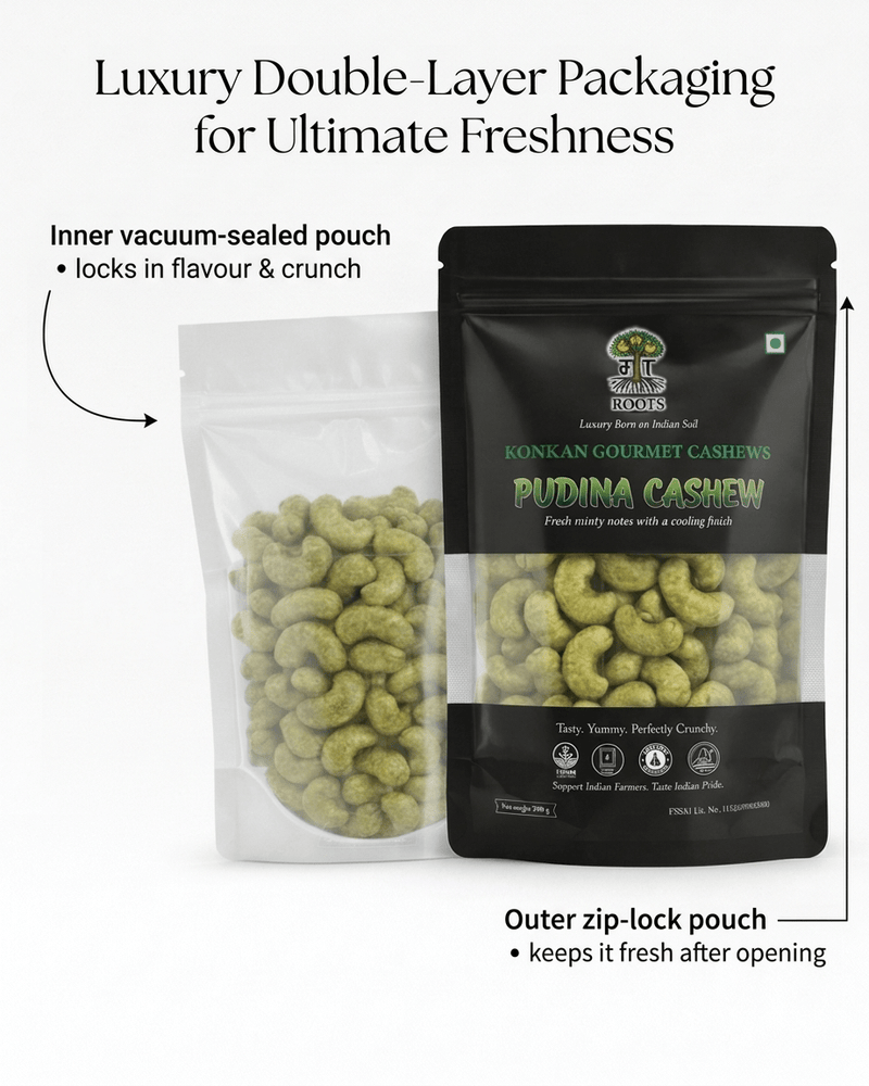 Maa Roots Pudina Cashews 200g | Mint Flavored Konkan Cashews - Maa Roots