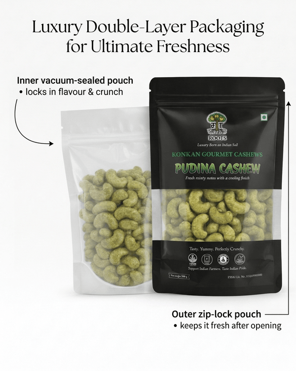 Maa Roots Pudina Cashews 200g | Mint Flavored Konkan Cashews