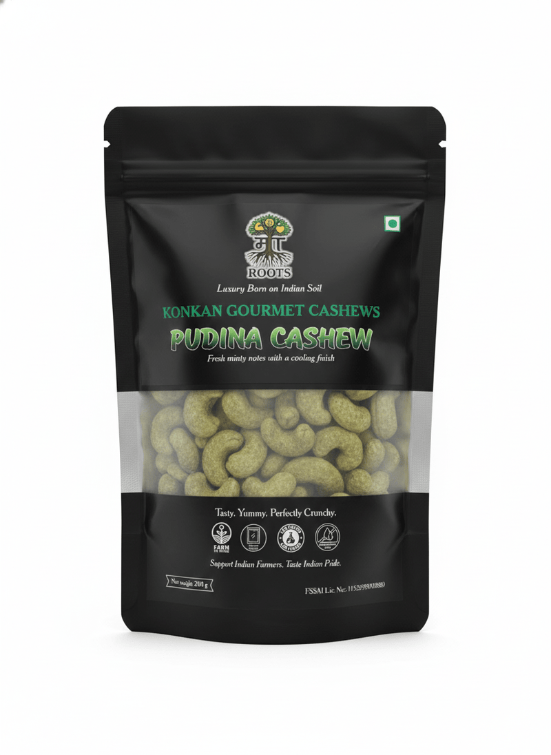 Maa Roots Pudina Cashews 200g | Mint Flavored Konkan Cashews - Maa Roots