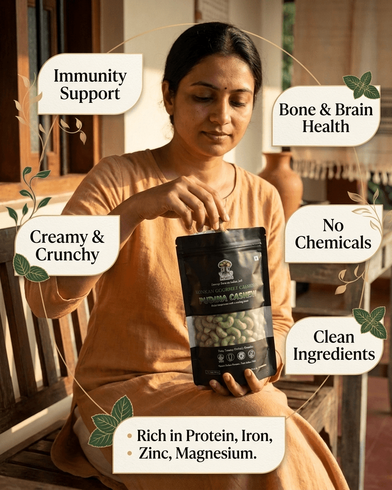Maa Roots Pudina Cashews 200g | Mint Flavored Konkan Cashews - Maa Roots