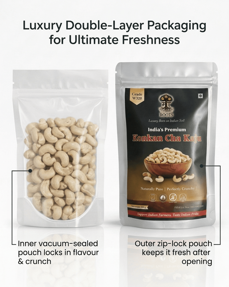Maa Roots W320 Cashew Nuts 200g | Premium Whole Unroasted Cashew - Maa Roots
