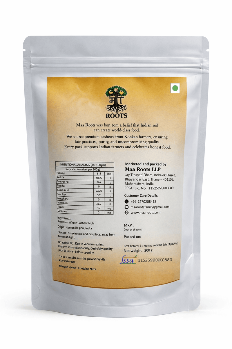 Maa Roots W320 Cashew Nuts 200g | Premium Whole Unroasted Cashew - Maa Roots